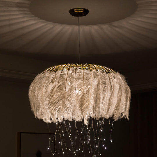 Nordic Feather Bedroom Ceiling Pendant Light: Round Chandelier With Firefly Led String