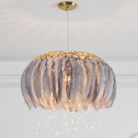 Nordic Feather Bedroom Ceiling Pendant Light: Round Chandelier With Firefly Led String Grey / 19.5