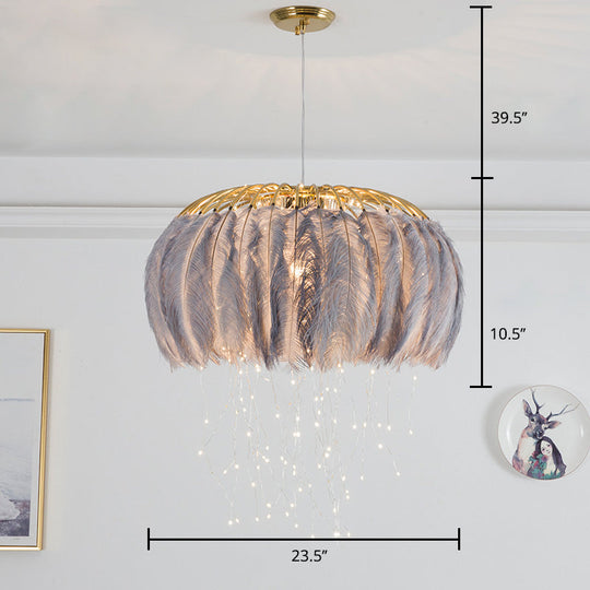 Nordic Feather Bedroom Ceiling Pendant Light: Round Chandelier With Firefly Led String