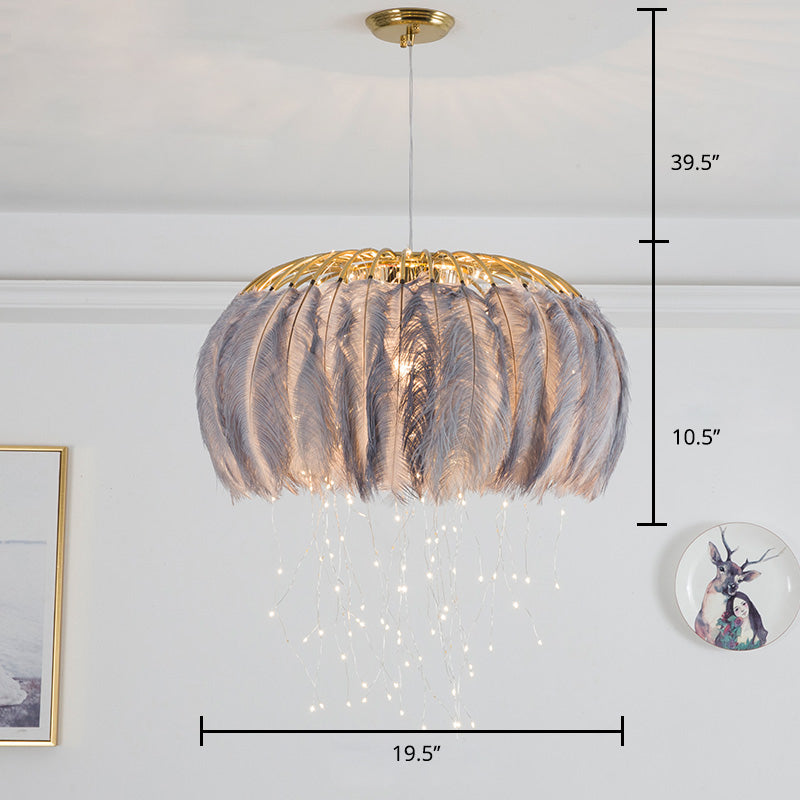 Nordic Feather Round Chandelier - Led Pendant Light For Bedroom With Firefly String
