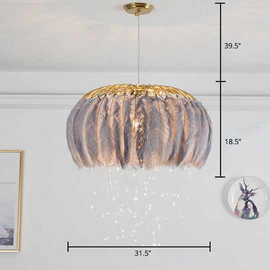 Nordic Feather Round Chandelier - Led Pendant Light For Bedroom With Firefly String
