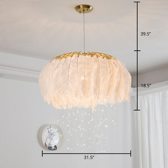 Nordic Feather Round Chandelier - Led Pendant Light For Bedroom With Firefly String