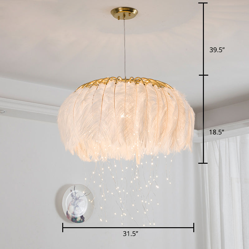 Nordic Feather Bedroom Ceiling Pendant Light: Round Chandelier With Firefly Led String
