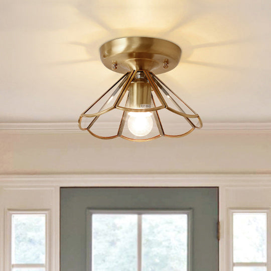 Vintage Glass Conical Foyer Ceiling Light With Scalloped Edge - Brass Flush Mount 1 Bulb Clear