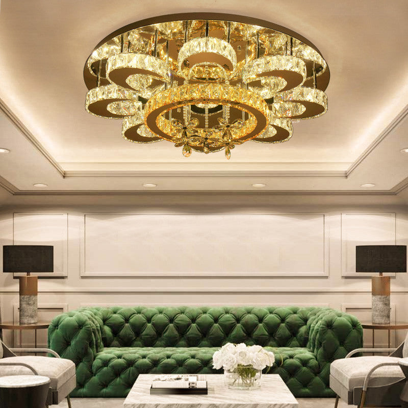 Chrome Led Flower Ceiling Light: Modern Clear Crystal Flush Fixture For Living Room