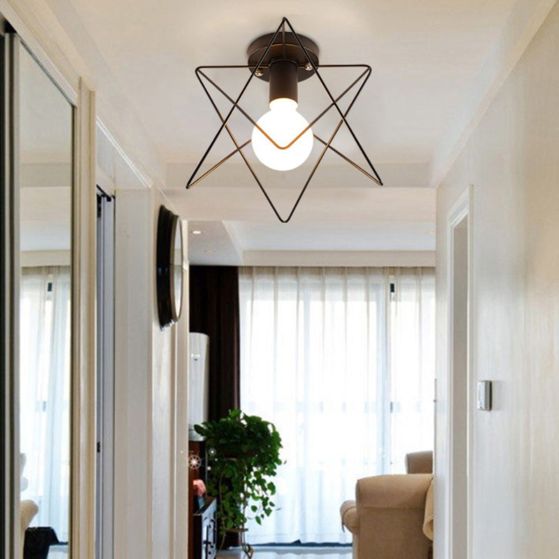 Iron Caged Flush Mount Ceiling Lamp - Industrial Style With 1-Bulb Black / Star