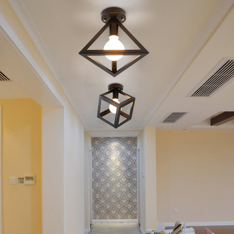 Iron Caged Flush Mount Ceiling Lamp - Industrial Style With 1-Bulb Black