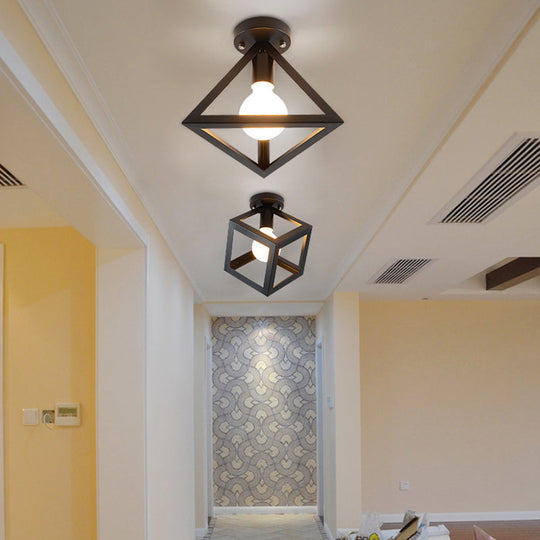 Iron Caged Flush Mount Ceiling Lamp - Industrial Style With 1-Bulb Black