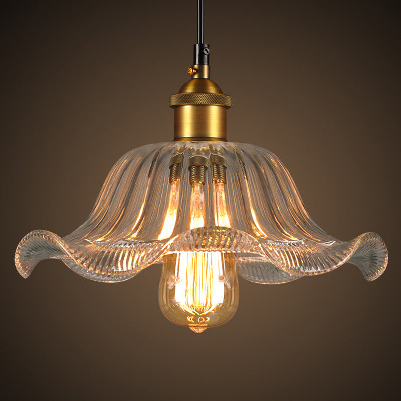 Industrial Clear Glass Flower Pendant Light Fixture For Dining Room - 1 Bulb Suspension Lamp