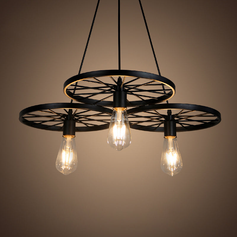 Black Industrial Wheel Chandelier For Living Room: Metal Hanging Light Fixture 3 /