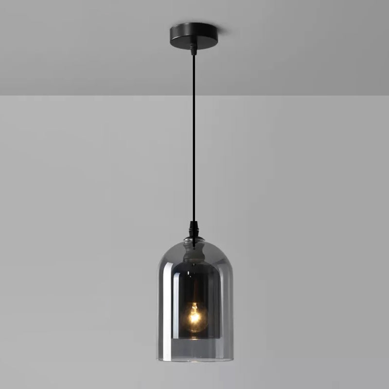 Postmodern Blown Glass Pendant Light - Dual Cloche Shape 1 Head Suspension Bedroom Lighting Smoke