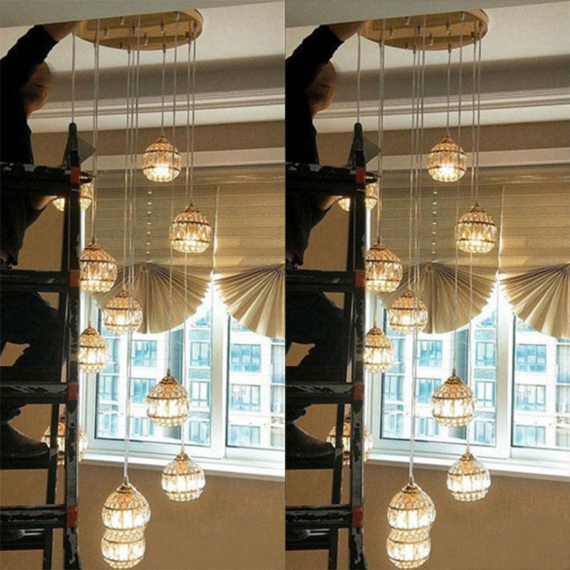 Gold Crystal Encrusted Sphere Pendant – Modern Style Ceiling Hanging Lantern For Staircase 12 /