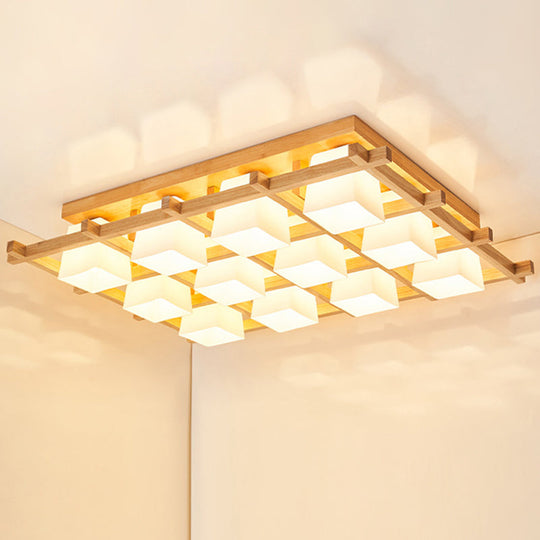 Modern Checkered Wood Ceiling Light - Beige Flushmount With Opal Glass Shade 12 /