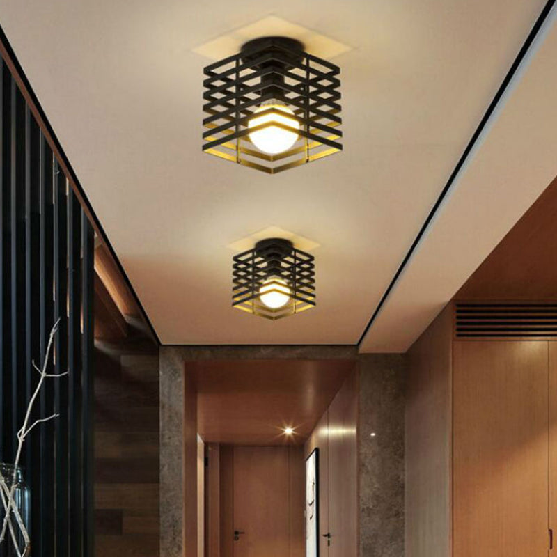 Iron Ceiling Mounted Industrial Black Rectangular Cage Flush Light - 1 - Bulb Fixture For Corridors
