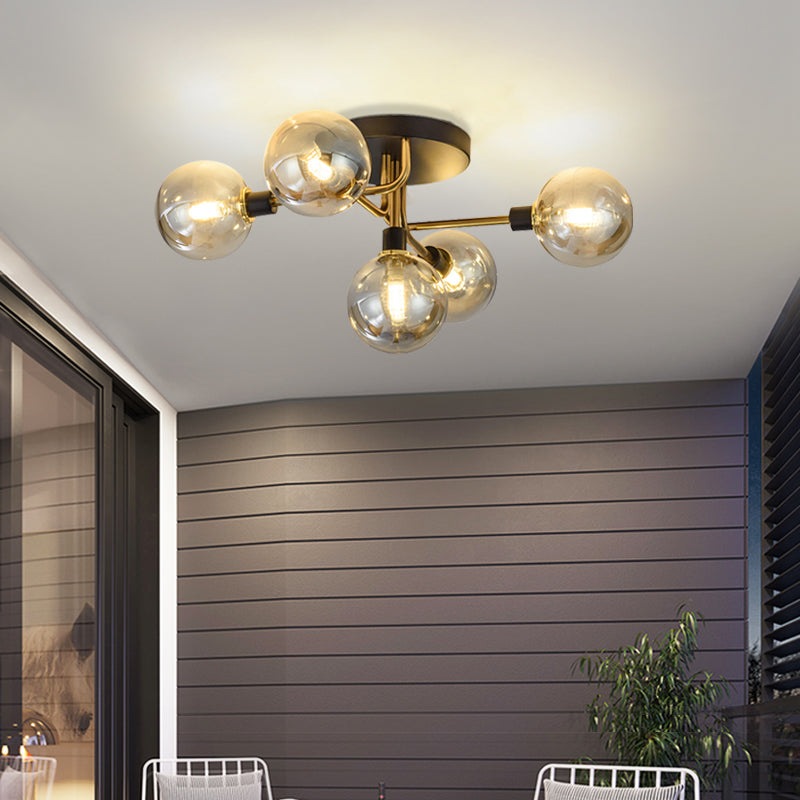 Postmodern Semi Flush Ceiling Lamp - 5-Light Dining Room Light Fixture With Ball Glass Shade
