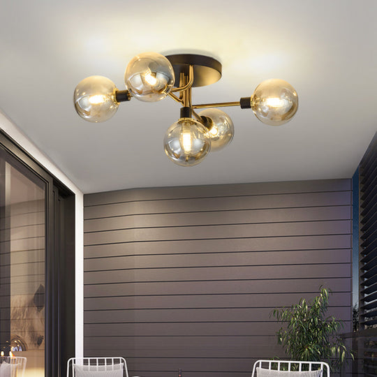 Postmodern Semi Flush Ceiling Lamp - 5-Light Dining Room Light Fixture With Ball Glass Shade