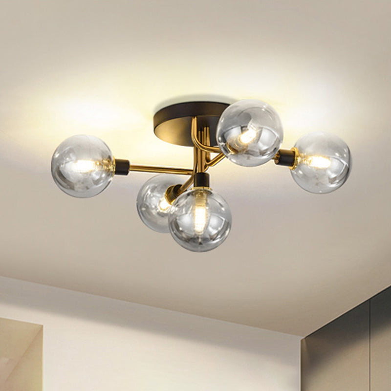 Postmodern Semi Flush Ceiling Lamp - 5-Light Dining Room Light Fixture With Ball Glass Shade