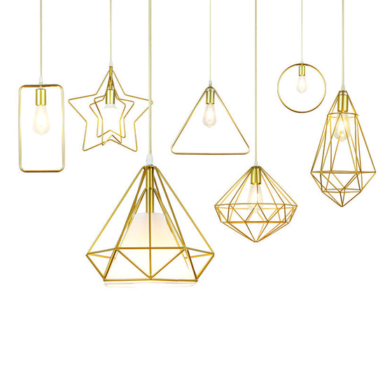Gold Metal Cage Pendant Ceiling Light - Nordic Design 1 Bulb Dining Room Suspension