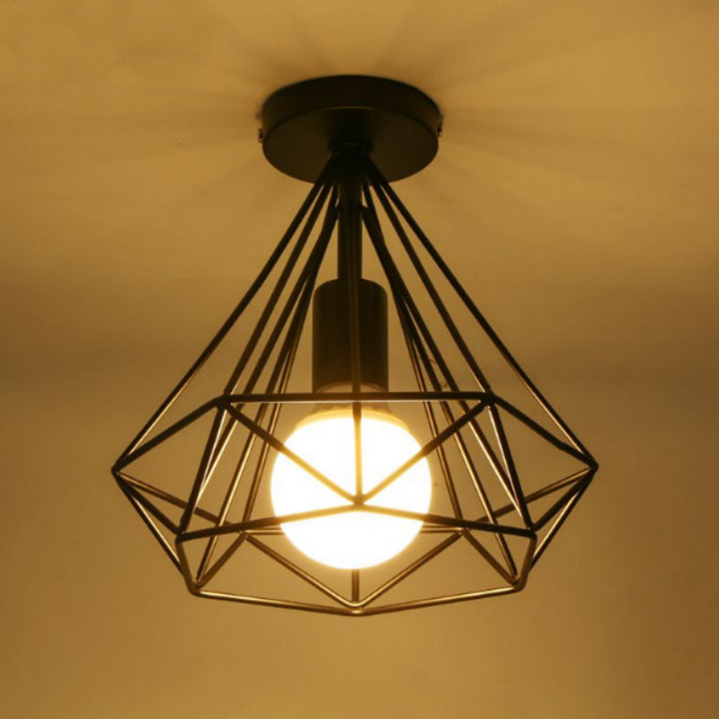 Vintage Black Iron Wire Diamond Ceiling Flush Light With 1 - Light Passageway Mount
