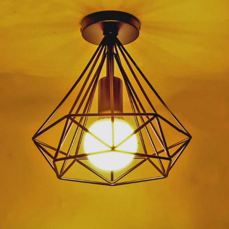 Vintage Black Iron Wire Diamond Ceiling Flush Light With 1 - Light Passageway Mount