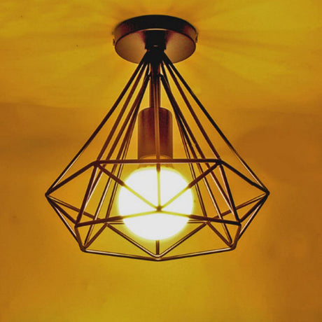 Vintage Black Iron Wire Diamond Ceiling Flush Light With 1-Light Passageway Mount