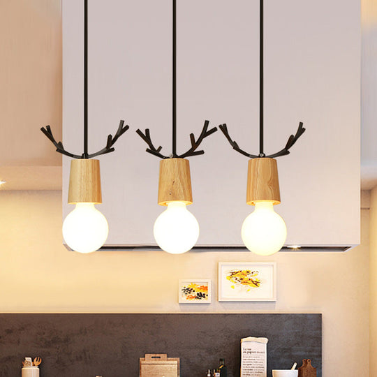Nordic Antler Wooden 3-Light Hanging Pendant With Open Bulb Design For Restaurants
