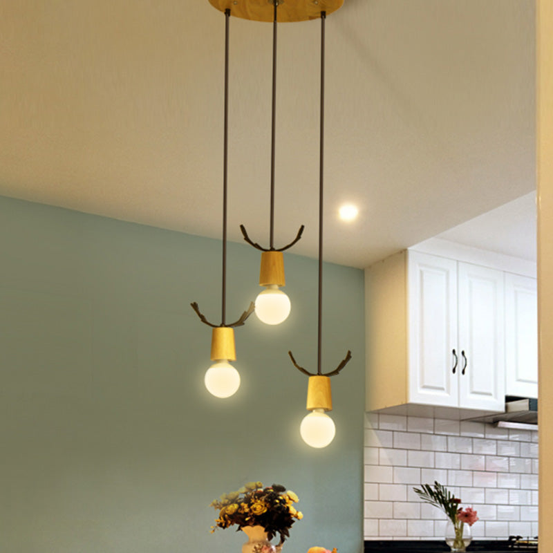 Nordic Antler Wooden 3-Light Hanging Pendant With Open Bulb Design For Restaurants Wood / Round