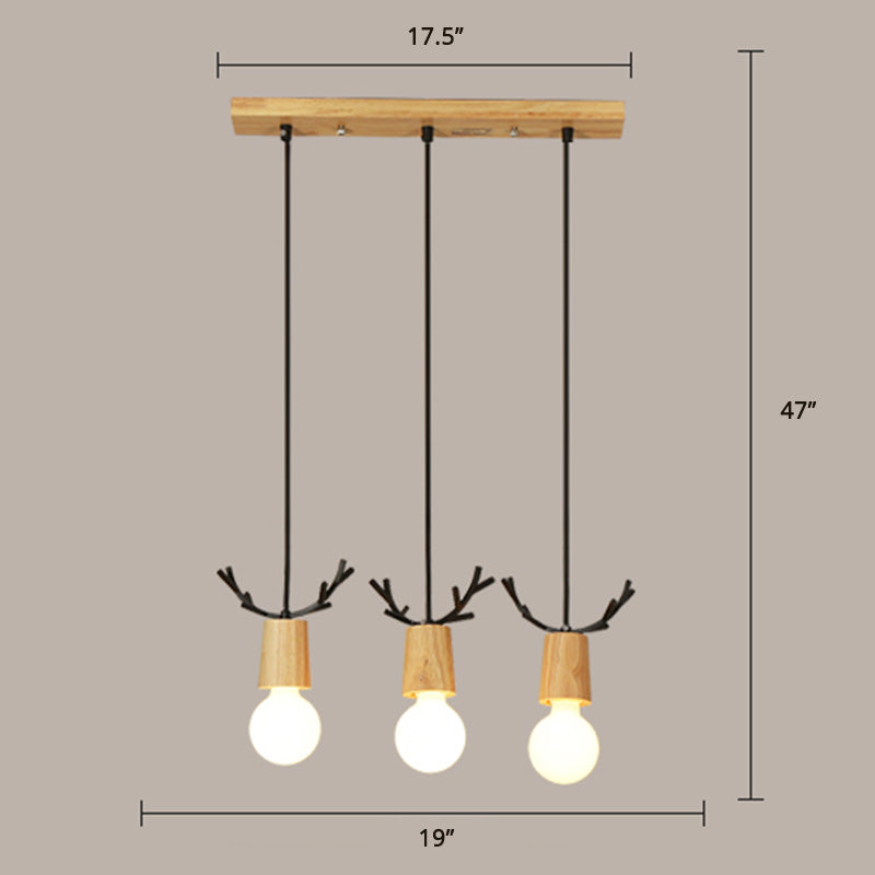 Nordic Antler Wooden 3-Light Hanging Pendant With Open Bulb Design For Restaurants
