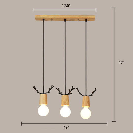Nordic Antler Wood Pendant Light With 3 Hanging Bulbs - Ideal For Restaurants