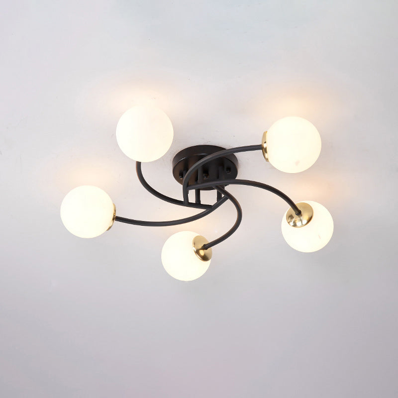 Modern Swirled Metal Semi Flush Ceiling Light With Glass Ball Shade 5 / Black Milk White