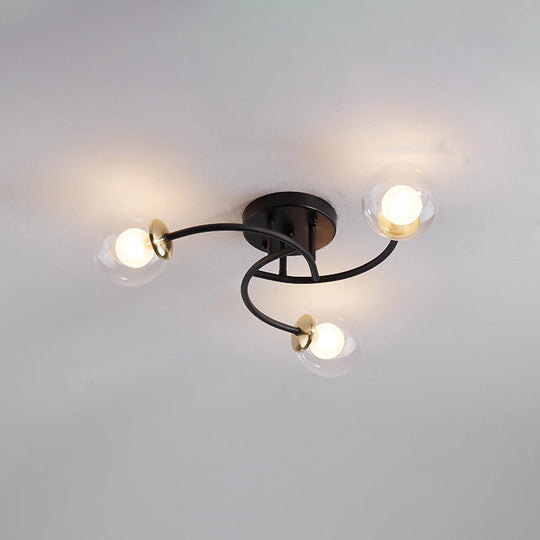 Modern Swirled Metal Semi Flush Ceiling Light With Glass Ball Shade 3 / Black Clear