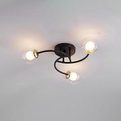 Modern Swirled Metal Semi Flush Ceiling Light With Glass Ball Shade 3 / Black Clear