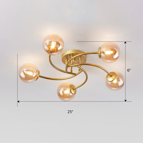 Modern Swirled Metal Semi Flush Ceiling Light With Glass Ball Shade