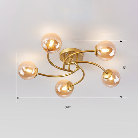 Modern Swirled Metal Semi Flush Ceiling Light With Glass Ball Shade