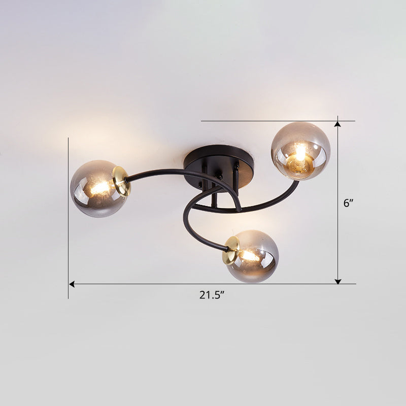 Modern Swirled Metal Semi Flush Ceiling Light With Glass Ball Shade