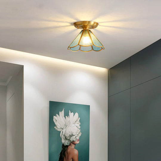 Tiffany Floral Semi Mount 1 - Light Glass Ceiling Flush Light In Brass - Ideal For Hallway Décor