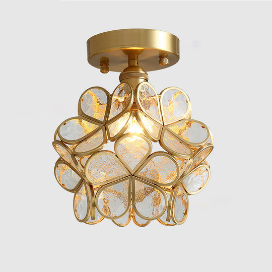 Tiffany Floral Semi Mount 1 - Light Glass Ceiling Flush Light In Brass - Ideal For Hallway Décor