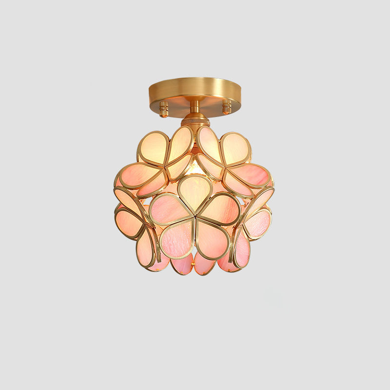 Tiffany Floral Semi Mount 1 - Light Glass Ceiling Flush Light In Brass - Ideal For Hallway Décor