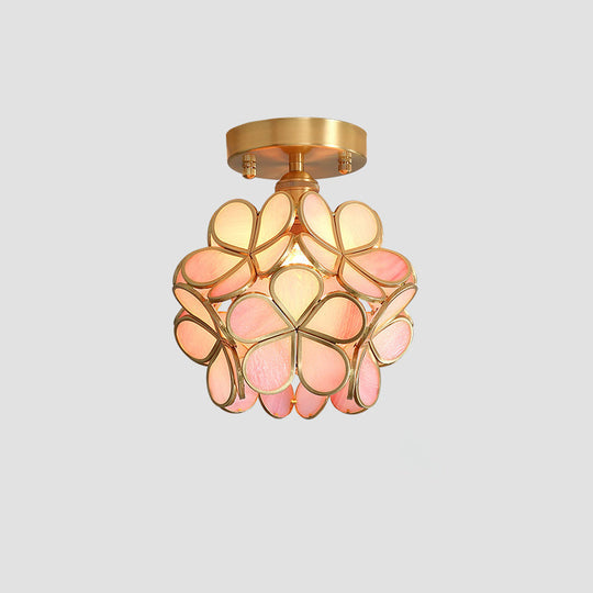 Tiffany Floral Semi Mount 1 - Light Glass Ceiling Flush Light In Brass - Ideal For Hallway Décor