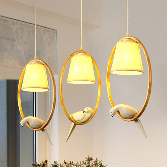 Contemporary Cone Fabric Pendant Lamp With Wood Ring And Resin Bird - 1/3 Lights White Fixture