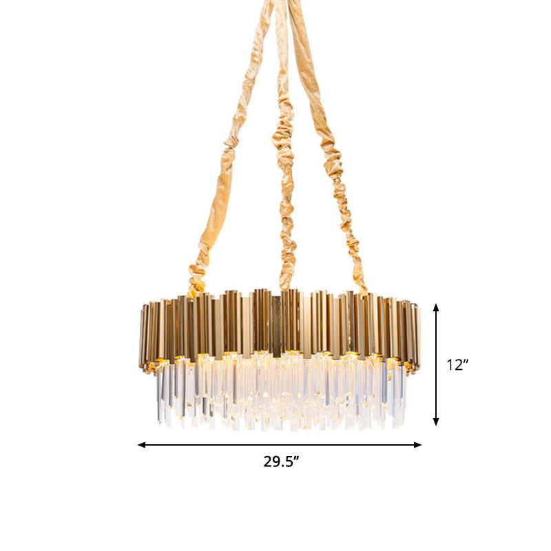 Gold Drum Shaped Crystal Icicles Pendant Chandelier 10/15-Bulb Postmodern Hanging Light