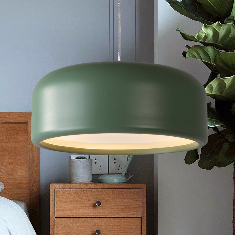 Modernist Metal Drum Pendant In Pink/Blue/Green - 1 Light Bedroom Hanging Kit 14/19/23.5 Wide Green