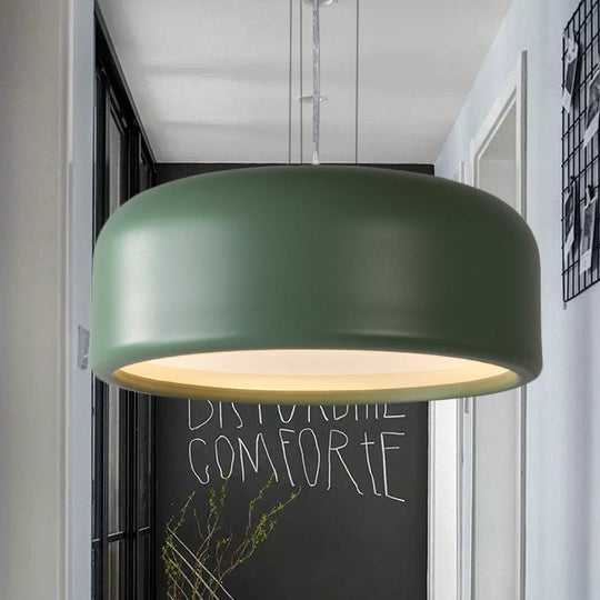 Modernist Metal Drum Pendant In Pink/Blue/Green - 1 Light Bedroom Hanging Kit 14/19/23.5 Wide