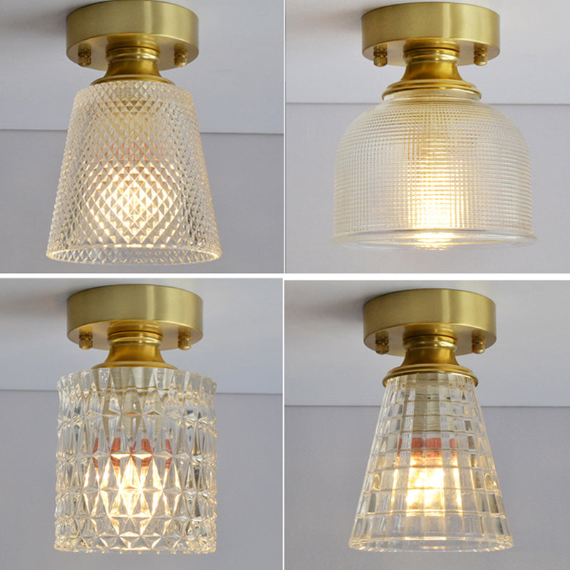 Minimalist Brass 1 - Head Ceiling Light With Carved Glass Shade For Corridors