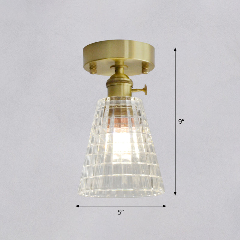Minimalist Brass 1-Head Ceiling Light With Carved Glass Shade For Corridors