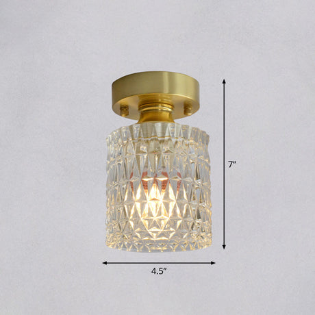 Minimalist Brass 1-Head Ceiling Light With Carved Glass Shade For Corridors