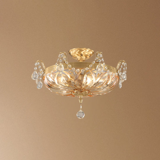Vintage Brass Semi Flush Mount Ceiling Light With Amber Glass - 5-Light Shaded Lighting For Living