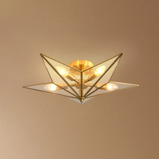 Vintage Brass Semi Flush Mount Ceiling Light With Amber Glass - 5-Light Shaded Lighting For Living