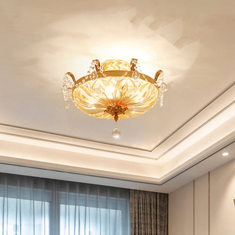 Vintage Brass Semi Flush Mount Ceiling Light With Amber Glass - 5-Light Shaded Lighting For Living
