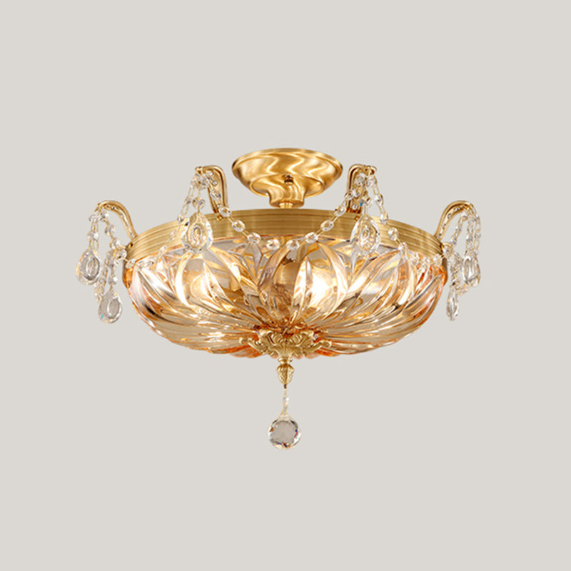 Vintage Brass Semi Flush Mount Ceiling Light With Amber Glass - 5-Light Shaded Lighting For Living